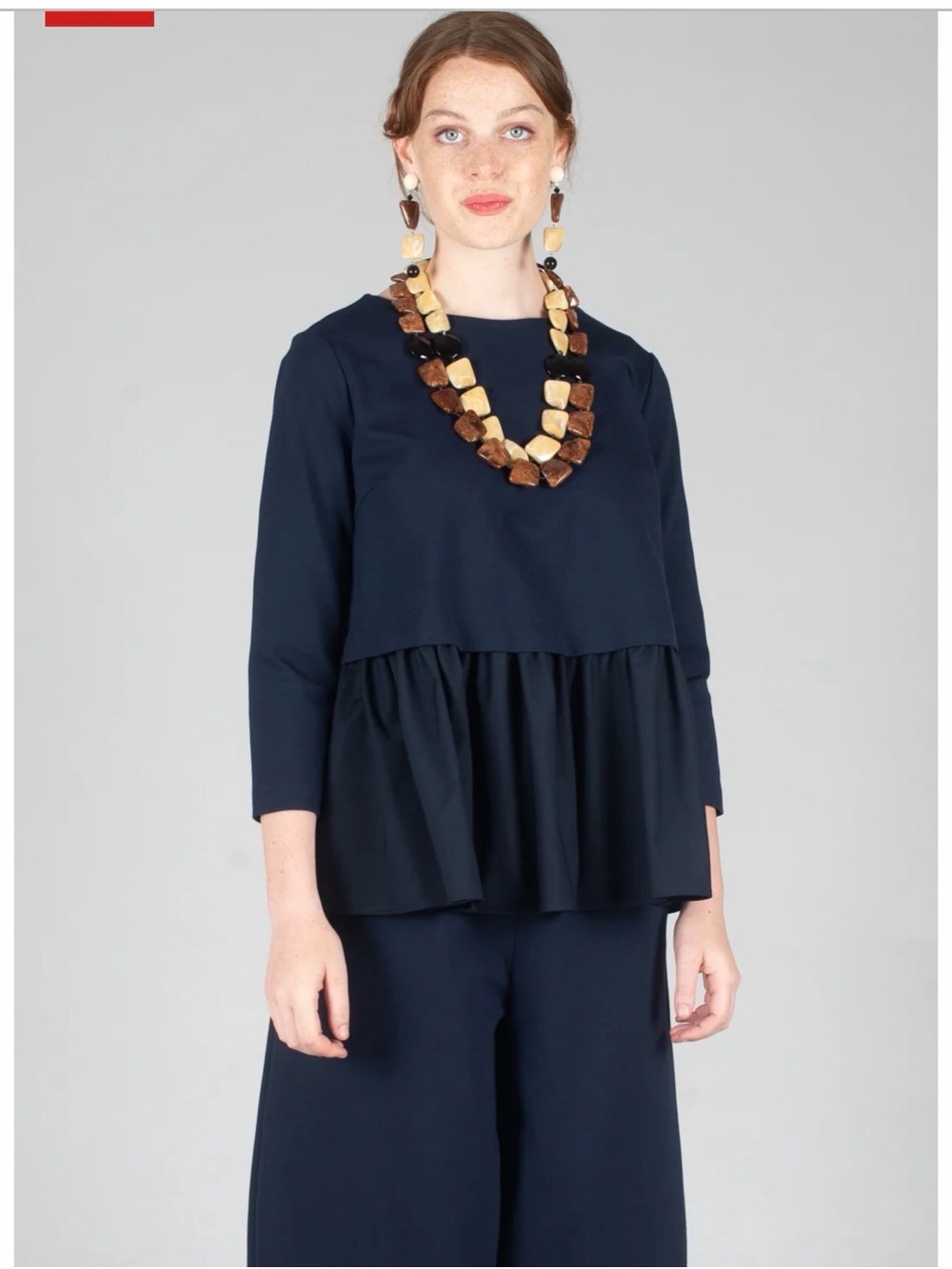 MEIMEIJ Navy Jersey Peplum Top Size US 2 3/4 Sleeve Made Italy Quiet Luxury